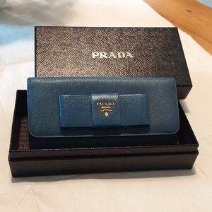 Prada Ribbon Bifold Long Wallet, Leather, French Blue, Prada Box Included